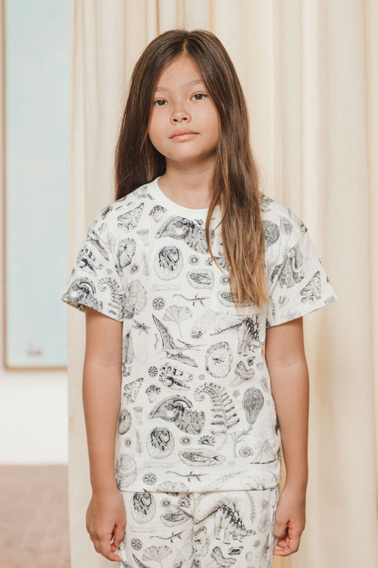 This piece of prehistory is made for adventurer. The wide cut sleeves are great for maximum movement during play. It also features a chest pocket. Inspired by the beautiful prehistoric illustration by Tattoo-Artist Suflanda the T-shirts showing many kinds of dinosaurier and flora and fauna from past times.