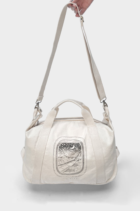 Load image into Gallery viewer, Off-White Duffle Bag With Plane and Moon Illustration with long strap
