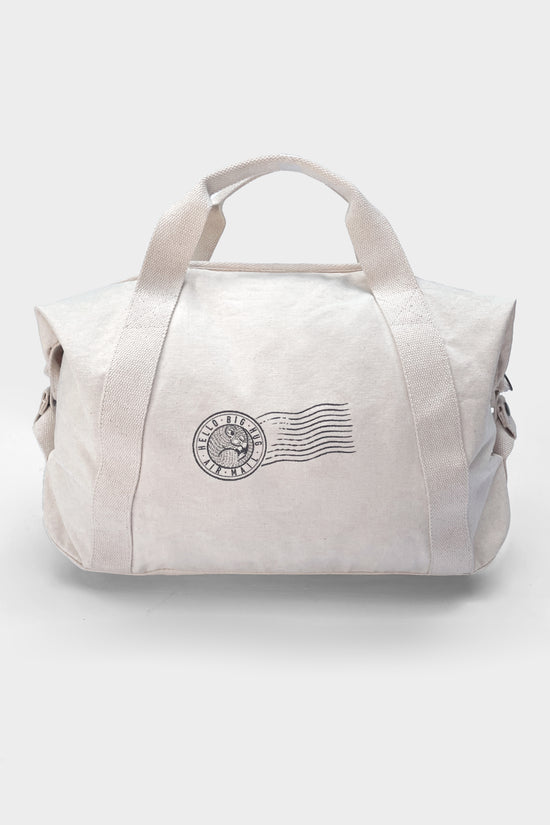 Load image into Gallery viewer, Vintage Mailer Print on the Back of the &amp;quot;Far Away&amp;quot; Duffle bag with Illustration by Tattoo Artist Suflanda

