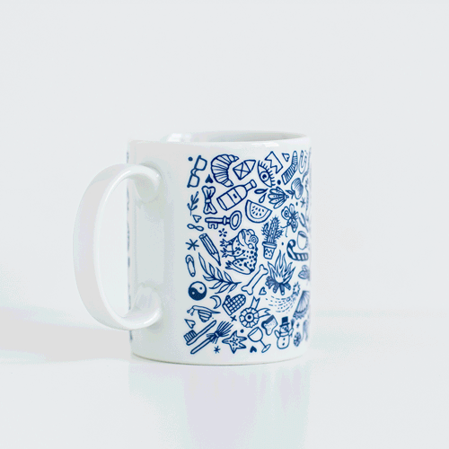 Load image into Gallery viewer, An illustrated porcelain mug, made in Germany with doodle motive. This screen printed piece adds charm and cheer to your morning routine - and makes a lovely go to gift for any special occasion. We love the sheer number of things illustratied by Tattoo-Artist Suflanda that you can discover mug. 

